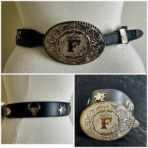 VTG "F" CRUMRINE Western Buckle w/ LEEGIN Silver Creek Black Belt 27-30 W's